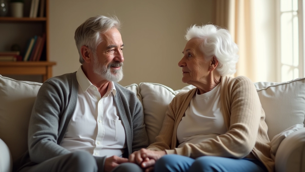 Adult child and parent in conversation, showing patient listening and understanding
