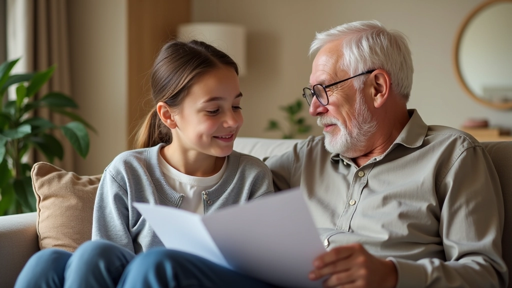 Adult child and elderly parent having a conversation at home, engaged and comfortable