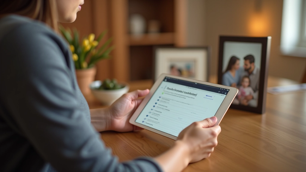 Family member filling out digital survey on tablet with checkboxes for dietary needs and activity preferences
