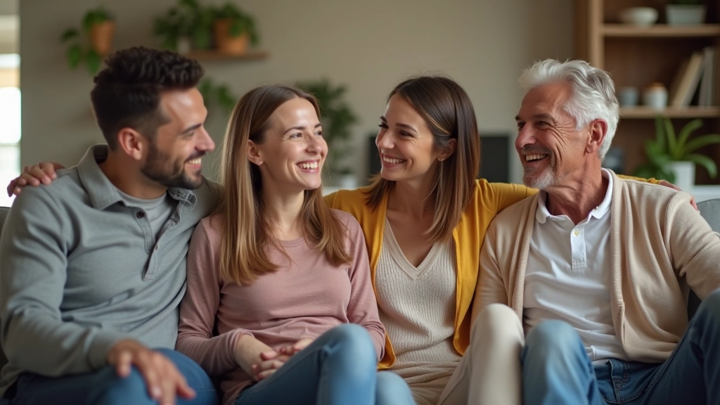 Family members having a friendly conversation in living room, appearing engaged and comfortable together