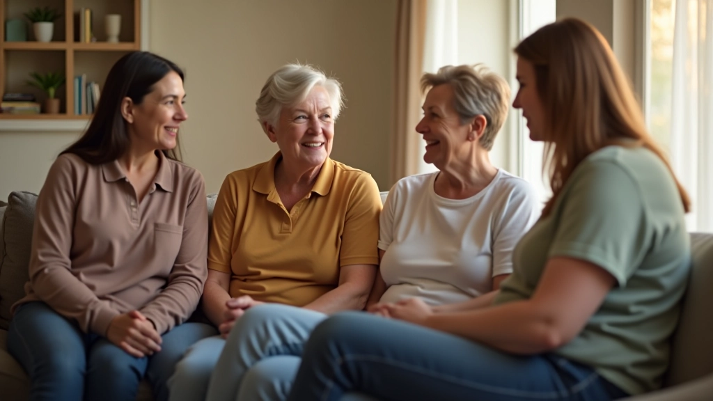 Adult children sitting together in living room having a serious but calm conversation