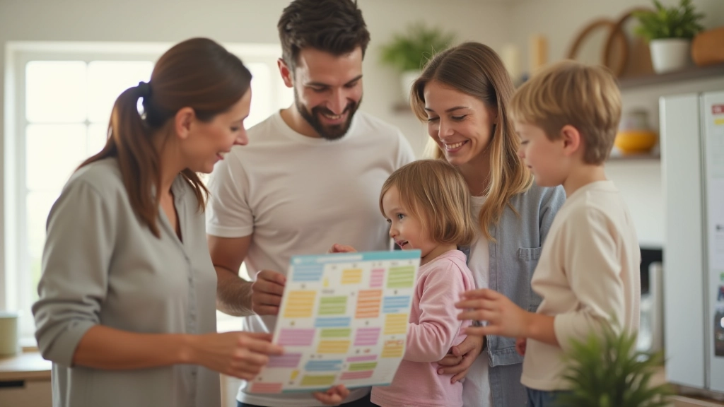 Family members gathered around a color-coded calendar on kitchen wall, pointing at events together