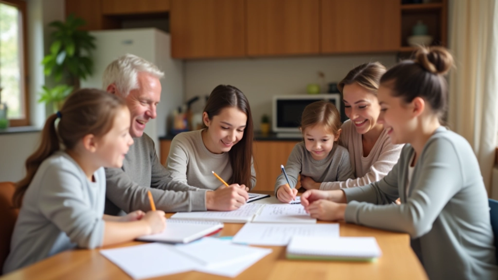 Multi-generational family gathering around kitchen table for meal planning and coordination