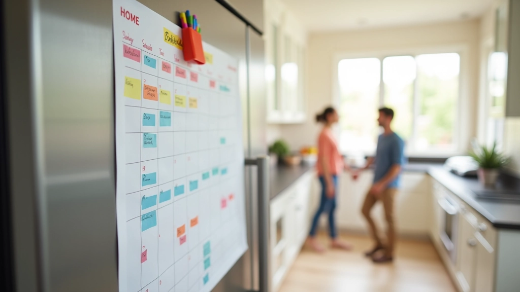 Family kitchen with color-coded calendar on refrigerator, markers in holder nearby, morning sunlight