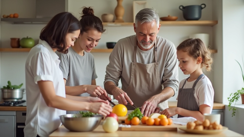 Multi-generational family members working together in kitchen preparing food and setting up for event