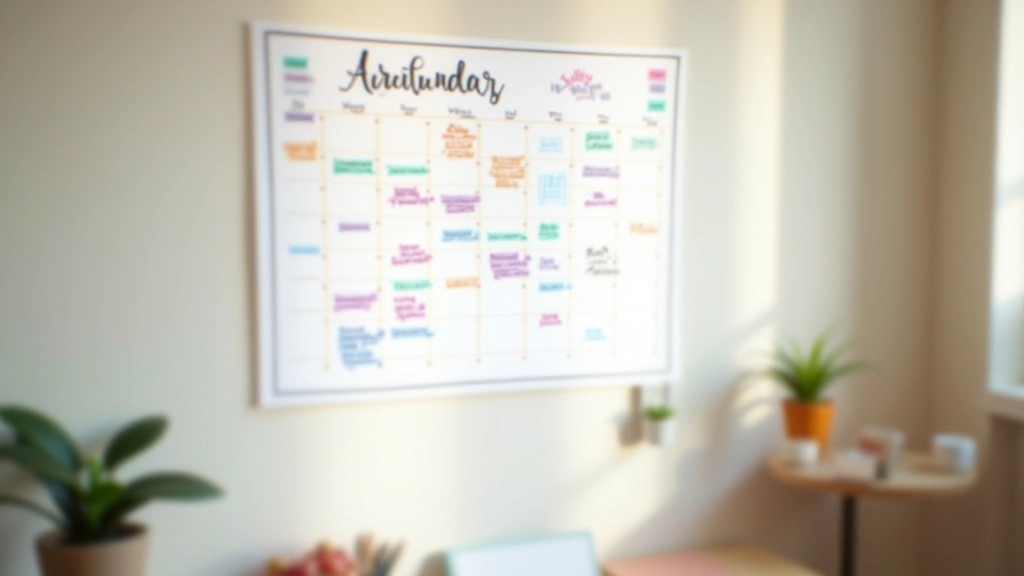 Family wall calendar with color-coded entries showing kids activities, parent schedules, and household tasks