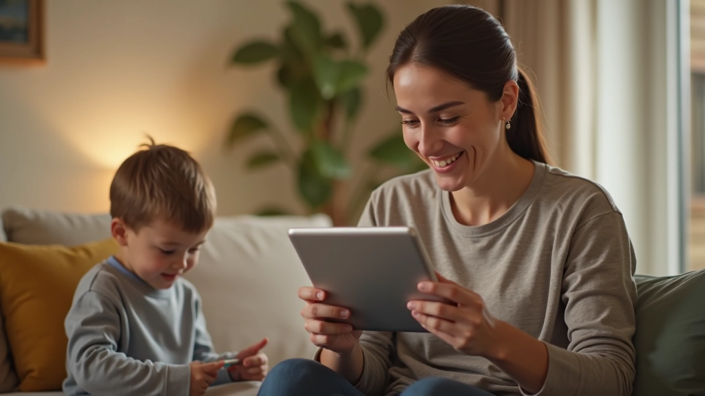 Parent checking tablet while child plays safely in background, organized and calm household
