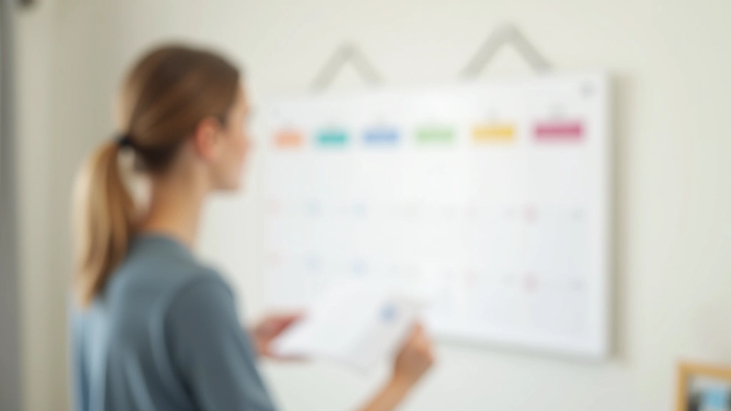 Wall calendar showing color-coded childcare rotation schedule with different caregiver names