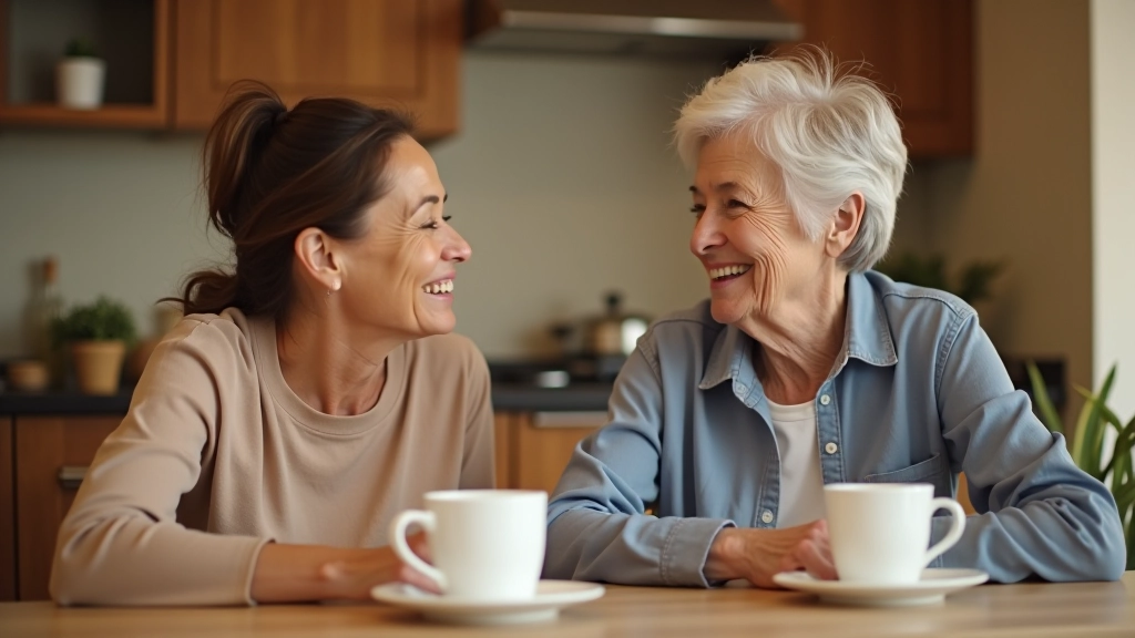 Two people sitting at kitchen table with tea cups having an honest conversation